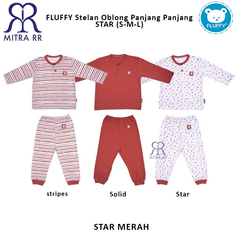 FLUFFY Stelan Oblong Baju Panjang Celana Panjang BEAR STAR S M L (3-12 bulan) Setelan Baju Bayi 3 Pasang