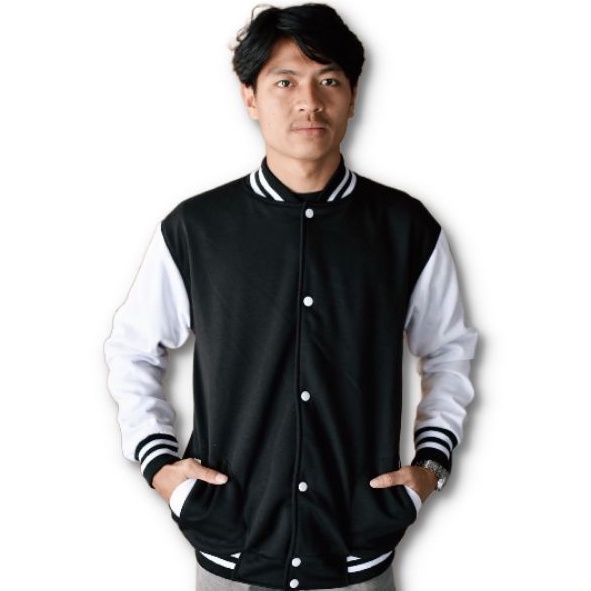 Jaket baseball varsity hitam putih bahan tebal