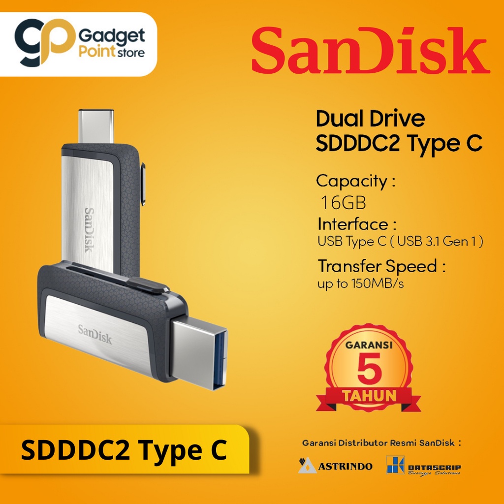 Flashdisk 16 GB | Dual Drive OTG USB Type C Sandisk Dual Drive SDDDC2 16GB  - Garansi 5 tahun