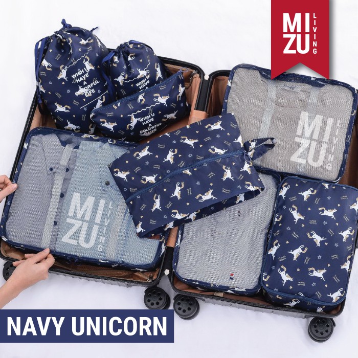 SECRET POUCH Travel Packing Cubes 8in1 Bag Organizer Tas Koper MOTIF-NAVY Unicorn