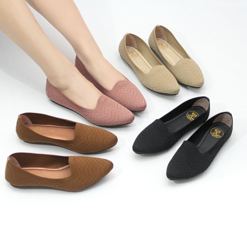 Mym2m Marina Sepatu Flat Wanita Balet Flatshoes Rajut Sol karet