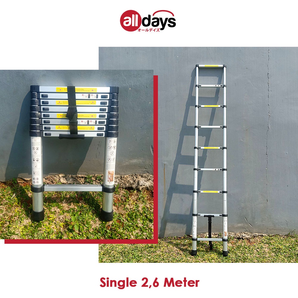 Alldays Tangga Lipat Teleskopik Single 2,6 METER Alumunium Ladder Bahan Kuat, Praktis, Simple