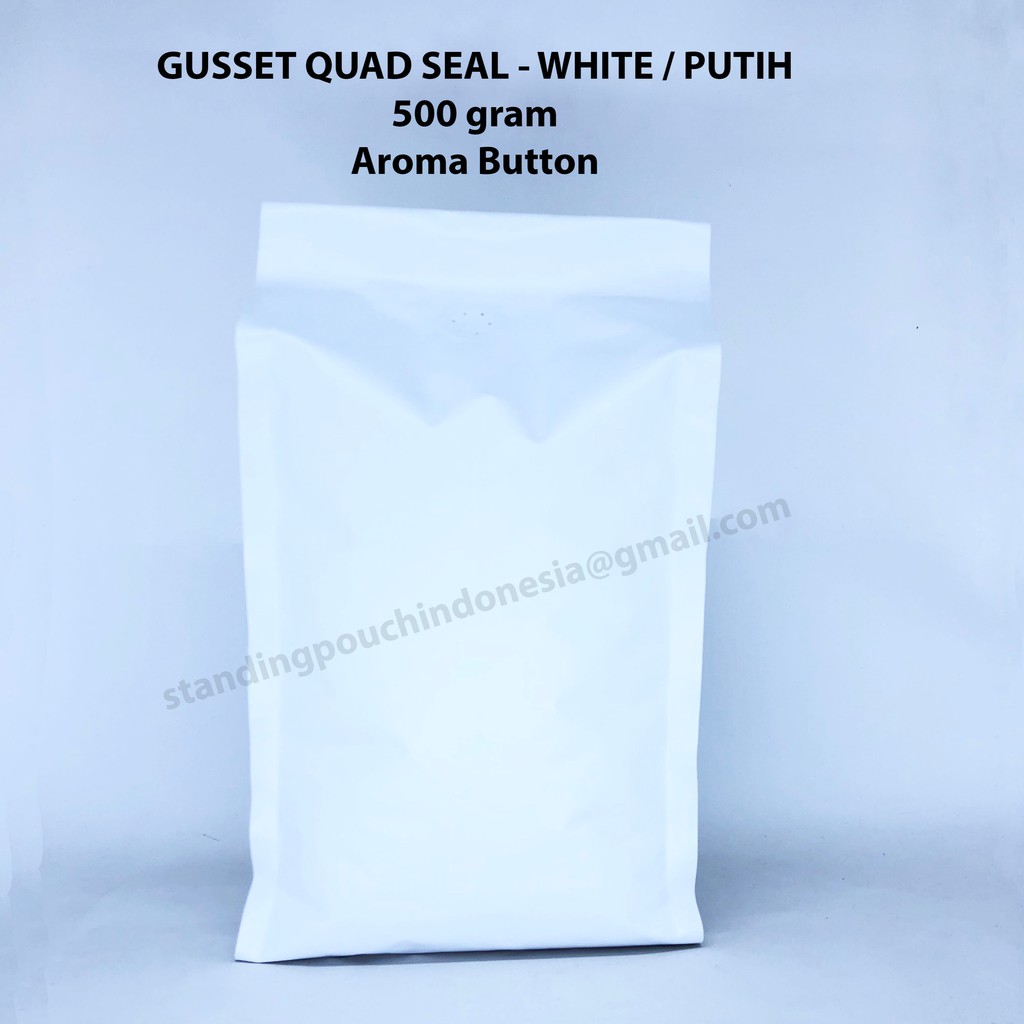 

Kemasan Kopi Gusset Quad Seal 500g (50PCS) (VALVE) PUTIH *PREMIUM*