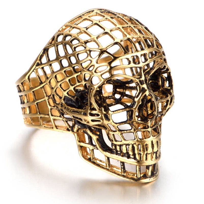 SEUSUK  Perhiasan Cincin Punk Vintage Desain Tengkorak Hollow Warna Gold untuk Pria