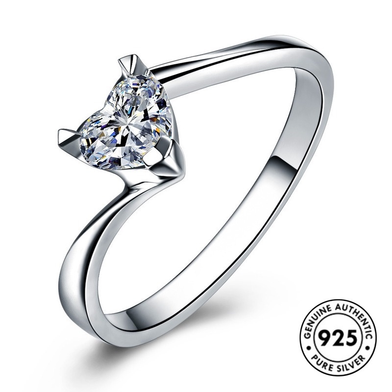 Cincin S925 Silver Bentuk Hati Aksen Berlian Gaya Klasik Untuk Wanita