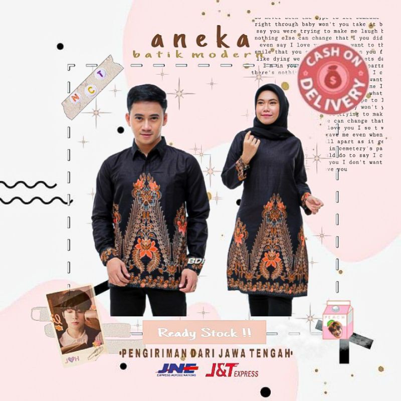 BATIK COUPLE SARIMBIT KEMEJA BATIK PRIA TUNIK WANITA LENGAN PANJANG HITAM ORANGE OREN KONDANGAN
