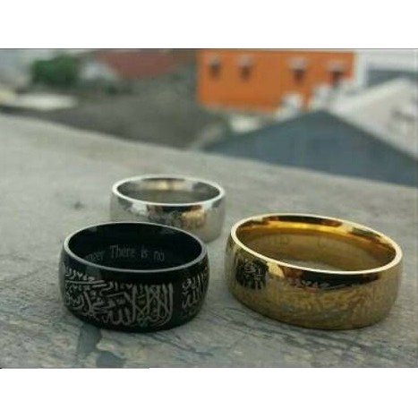 8mm Cincin Tauhid Muslim Pria Wanita Anti Karat Warna Emas Biru Silver Hitam Islami Kaligrafi Hadiah-7