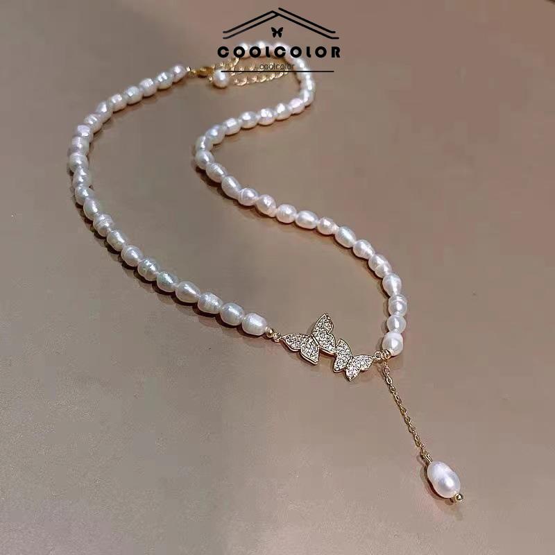 COD❤️Kalung kupu-kupu Zircon Pearl Pendant Fashion Temperamen Cahaya Mewah Ringan Murah Aksesoris Wanita Fashion