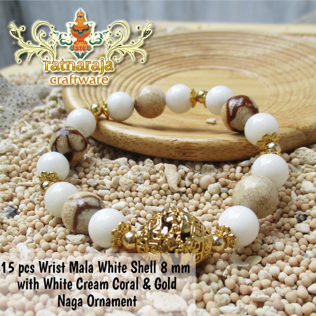Gelang Batu White Shell 8 mm with White Cream Coral &amp; Gold Naga
