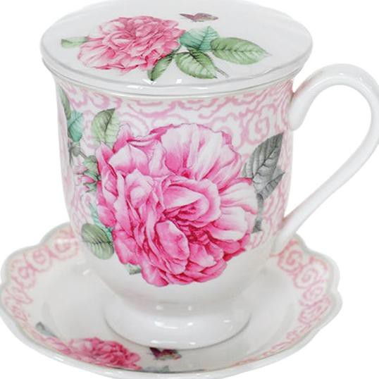 Ceramic Mug Set 3pcs Loren Saint St James cangkir dengan tutup tatakan - Pink