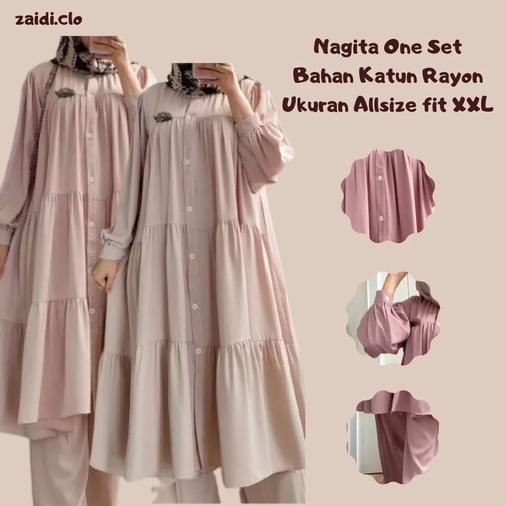 NAGITA ONE SET Setelan Celana + Tunik Wanita Muslim Busui Jumbo Terbaru Bahan Katun Rayon Adem Tebal