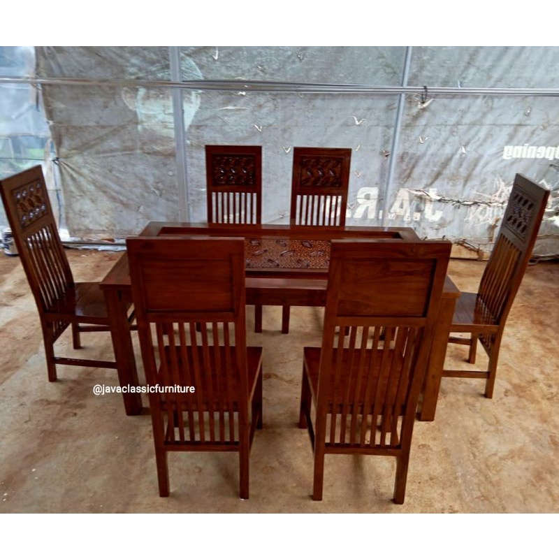 1 SET KURSI MAKAN MINIMALIS BALERO DAUN + MEJA MAKAN BAHAN KAYU JATI MURAH FINISHING NATURAL PRODUKSI JEPARA-1