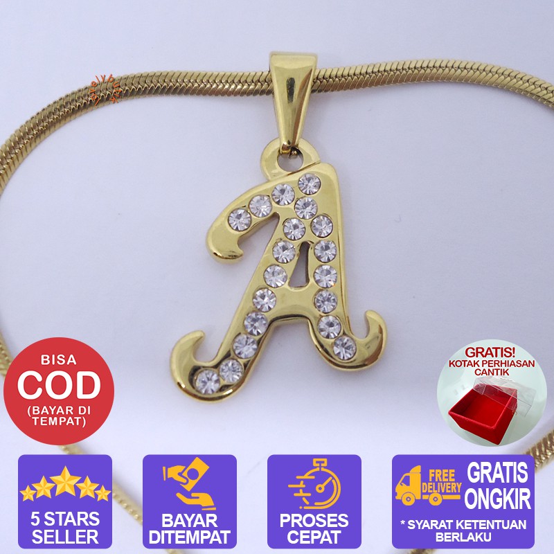 Lovelybutik Honey Kalung Huruf Titanium Anti Karat Inisial A Uk 45 cm BONUS KOTAK PERHIASAN