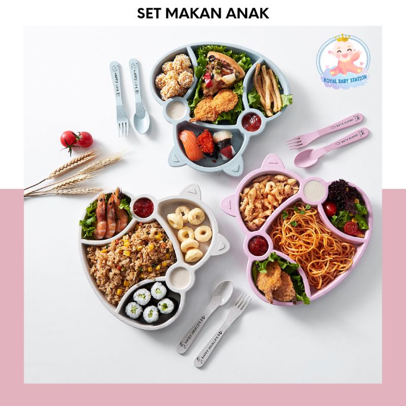 Set Piring Makan Anak Karakter Kucing dan Sendok Garpu Bahan Jerami