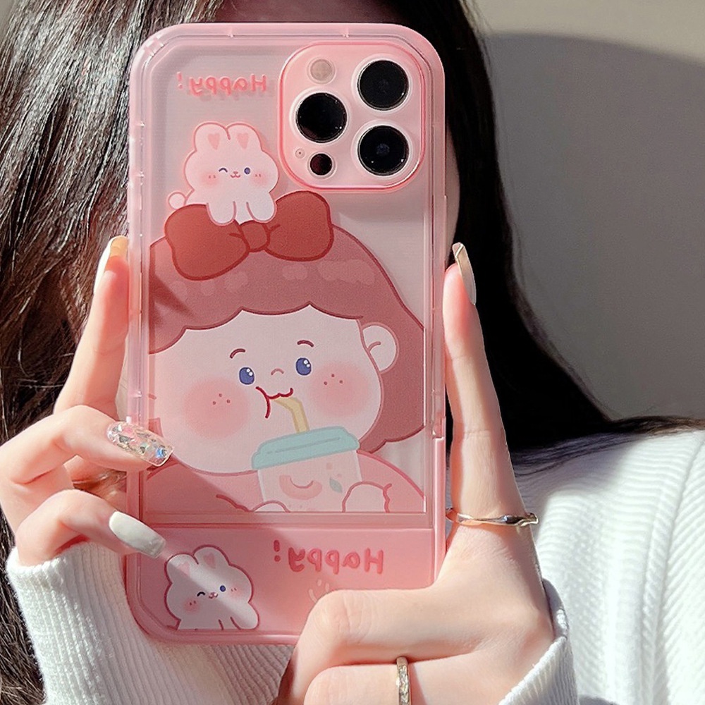 Case Pelindung Transparan Motif Gadis Pink Dengan Holder Untuk Iphone 11 8 7 Plus SE2 XS XR 12 13 PRO MAX