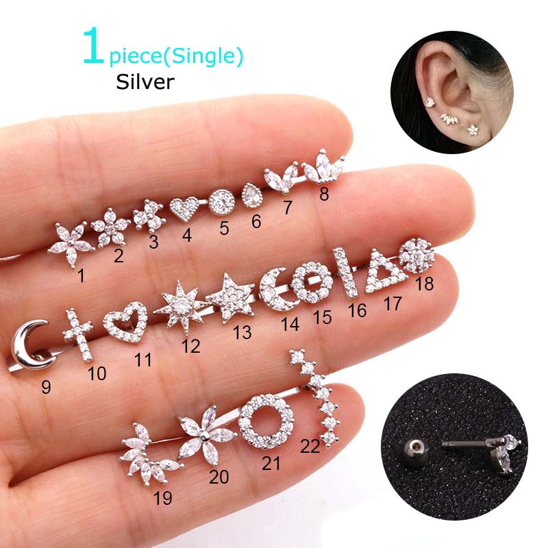 1piece Stianless Steel Helix Pinna Earrings Tragus Cartilage Piercing 16G with Zircon