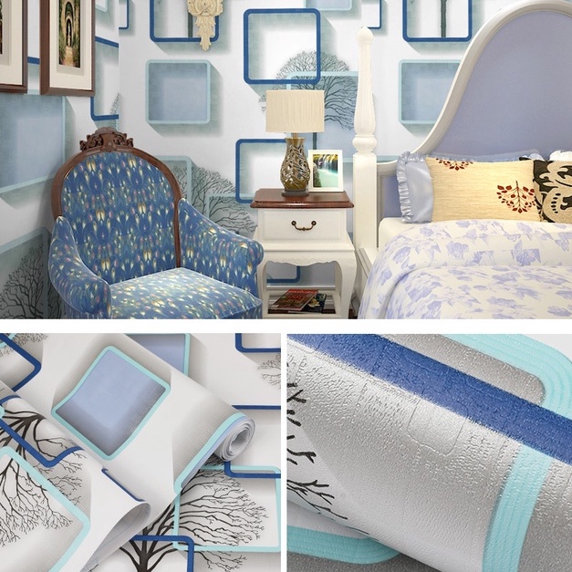 BISA COD - WALLPAPER 3D KOTAK BIRU WALLPAPE RUANG TAMU STIKER DINDING 3D KOTAK BIRU GH046-1 WALLPAPE