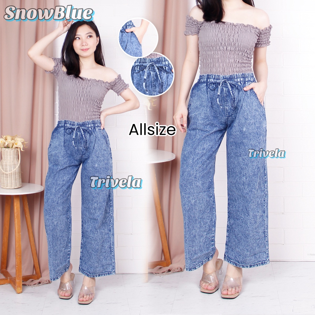 Celana Kulot Jeans Polos All Size / Kulot Pinggang Karet Snow / Kulot Jumbo