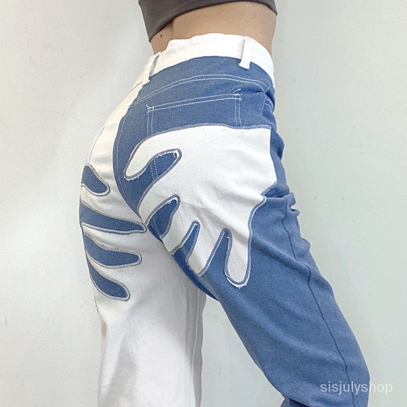#Sisjuly# Celana Jeans Pinggang Tinggi Wanita Sablon Kontras Retro Tipis Wanita Celana Kaki Lebar Ti