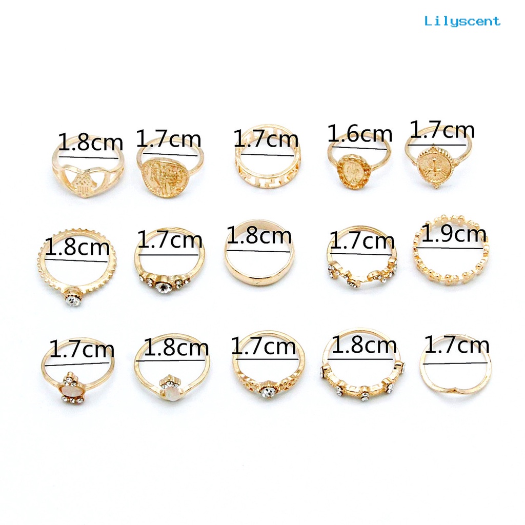 15 Pcs Cincin Knuckle Stackable Bahan Alloy Bentuk Hati Model Hollow