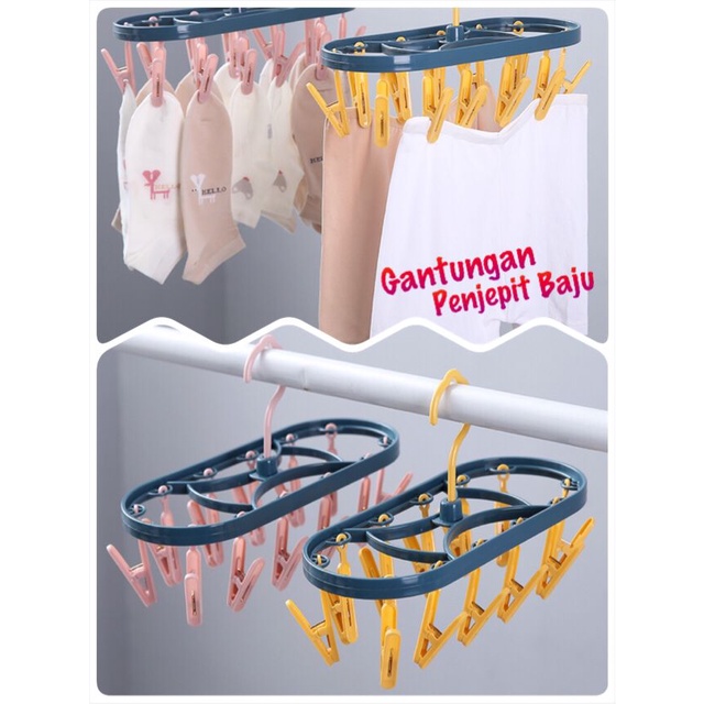 Jemuran Baju Hanger Traveling Lipat Dengan  12 Penjepit Kaos Kaki Pakaian Gantungan Hanger / jemuran + jepitan jemuran oval