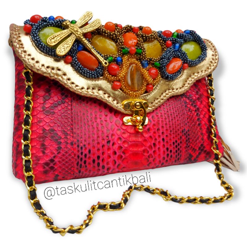 Clutch Pesta Maia Size S Warna Merah Motif - Clutch Model Awan Asli Tas Kulit Ular Piton