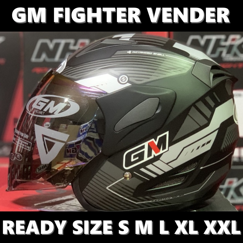 Helm GM Fighter Vender Black Silver Doff Half Face Single Visor - Helem Motor SNI DOT Touring Dewasa