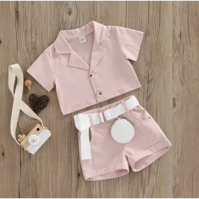 baju bayi setelan anak simple buttons belt pocket | tali pinggang