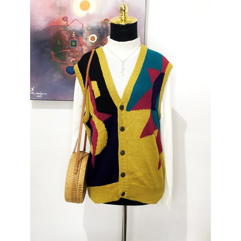 Vest rompi rajut wool motif corak pattern vintage korea academia mustard kuning kunyit