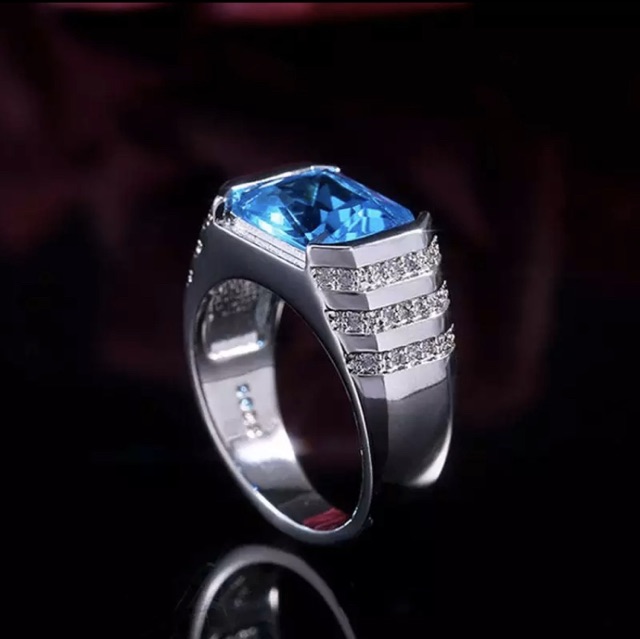 Cincin Pria Perak Topaz Sky Blue Cutting Mewah Berkelas Kantoran Simple Elegan Minimalis