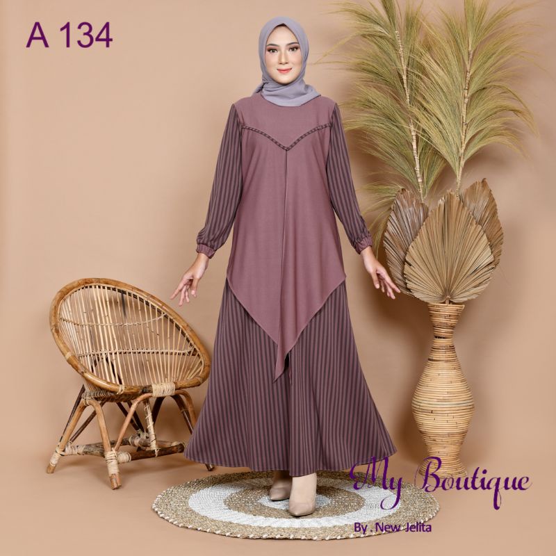 Gamis My Boutique Fashion A134 Warna Coklat Tua Kombinasi Salur Polos Ukuran All Size Lingkar Dada 1