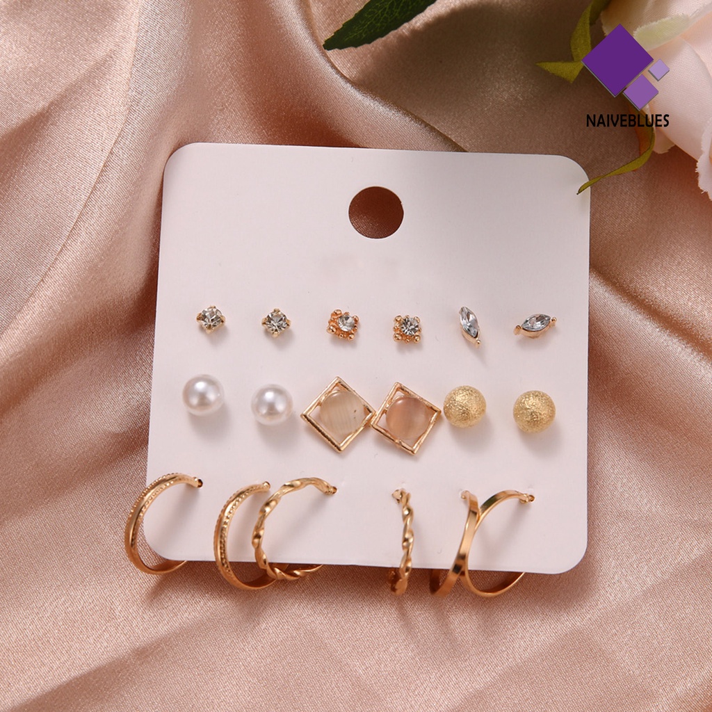 9 Pasang Anting Stud Mutiara Berlian Imitasi Bentuk Geometris Untuk Wanita