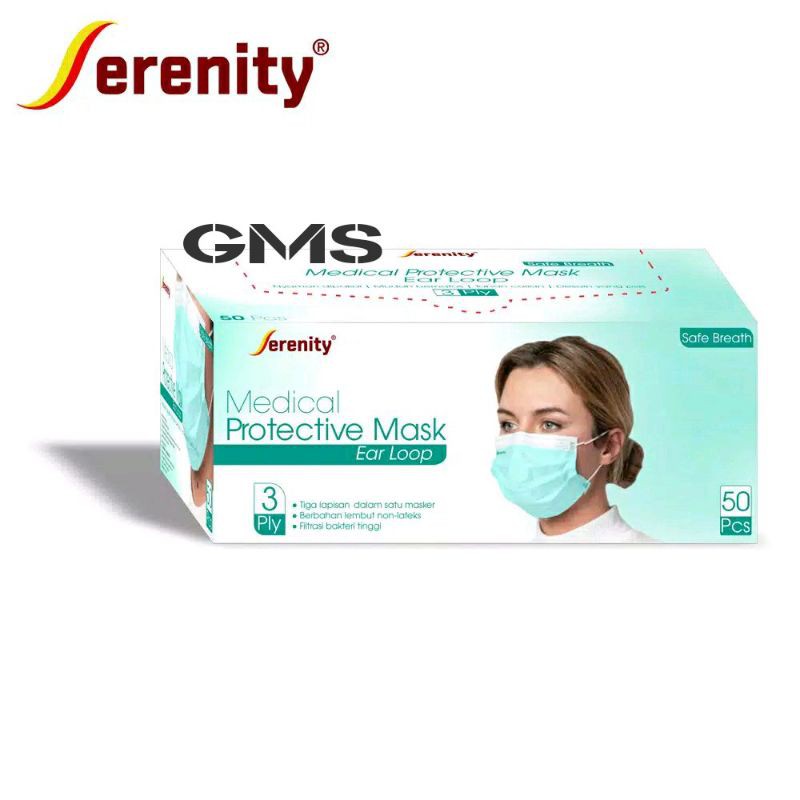 Masker 3 Ply Earloop - Karet Serenity Per Box isi 50 Pcs / Masker Medis / Surgical Face Mask