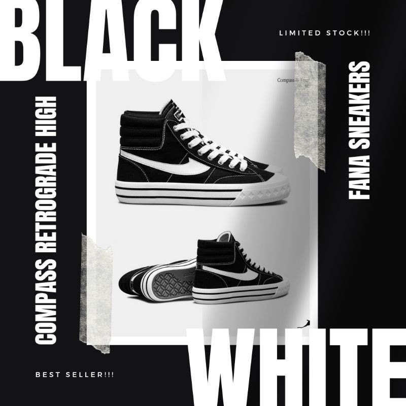 SEPATU COMPASS RETROGRADE HIGH BLACK WHITE