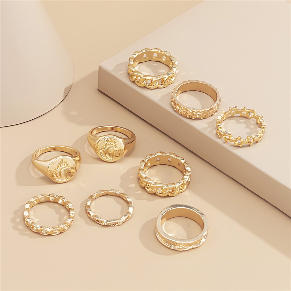 9Pcs Fashion Cincin Kombinasi Bulan Berongga | Cincin Paduan Wanita Set Perhiasan Jari Wanita