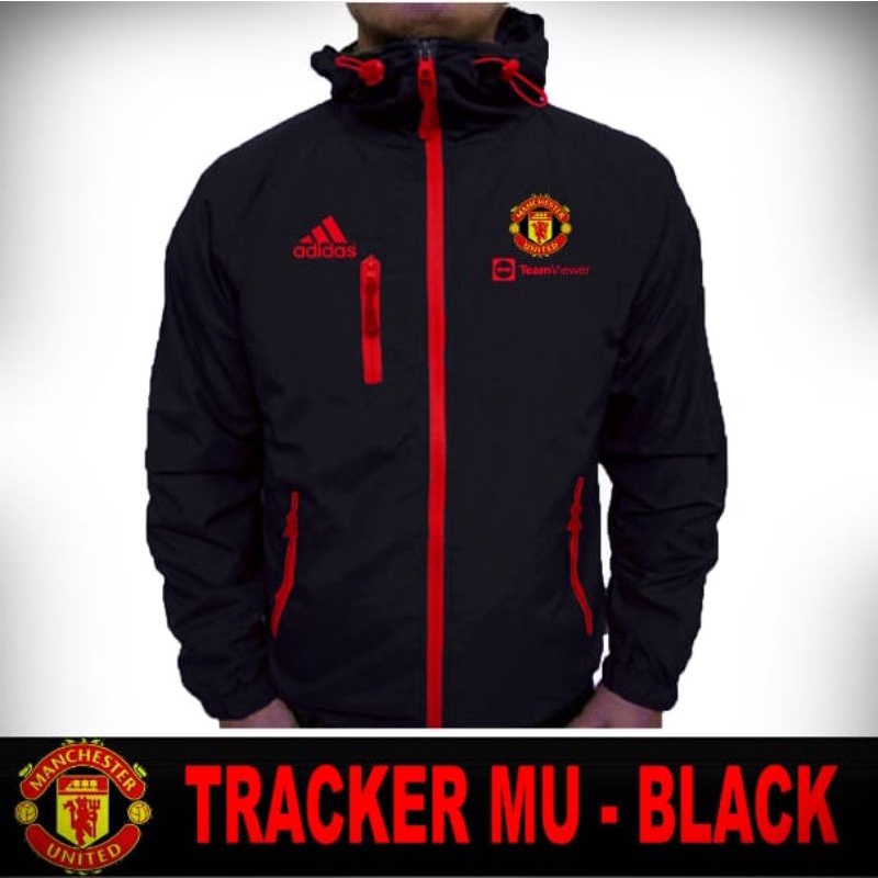 JAKET TRACKER CLUB BOLA FUTSAL MANCHESTER UNITED HITAM TERBARU TASLAN PARASUT CANVAS PREMIUM - XXL