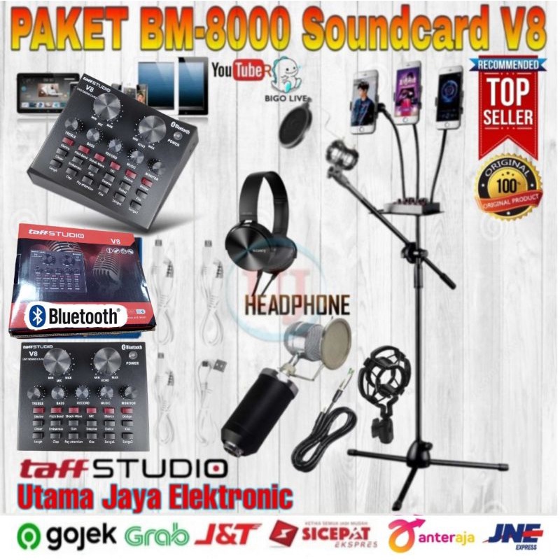 Paket Microphone BM8000 Soundcard V8 Standing Berdiri 3x Phone Holder Tripod Rekaman Terbaik