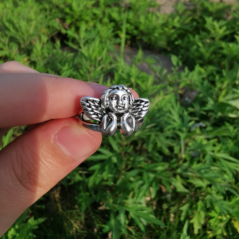 Fancyqube Cincin Desain Tengkorak Hati Bunga Malaikat Warna Silver Gaya Hip Hop Untuk Wanita