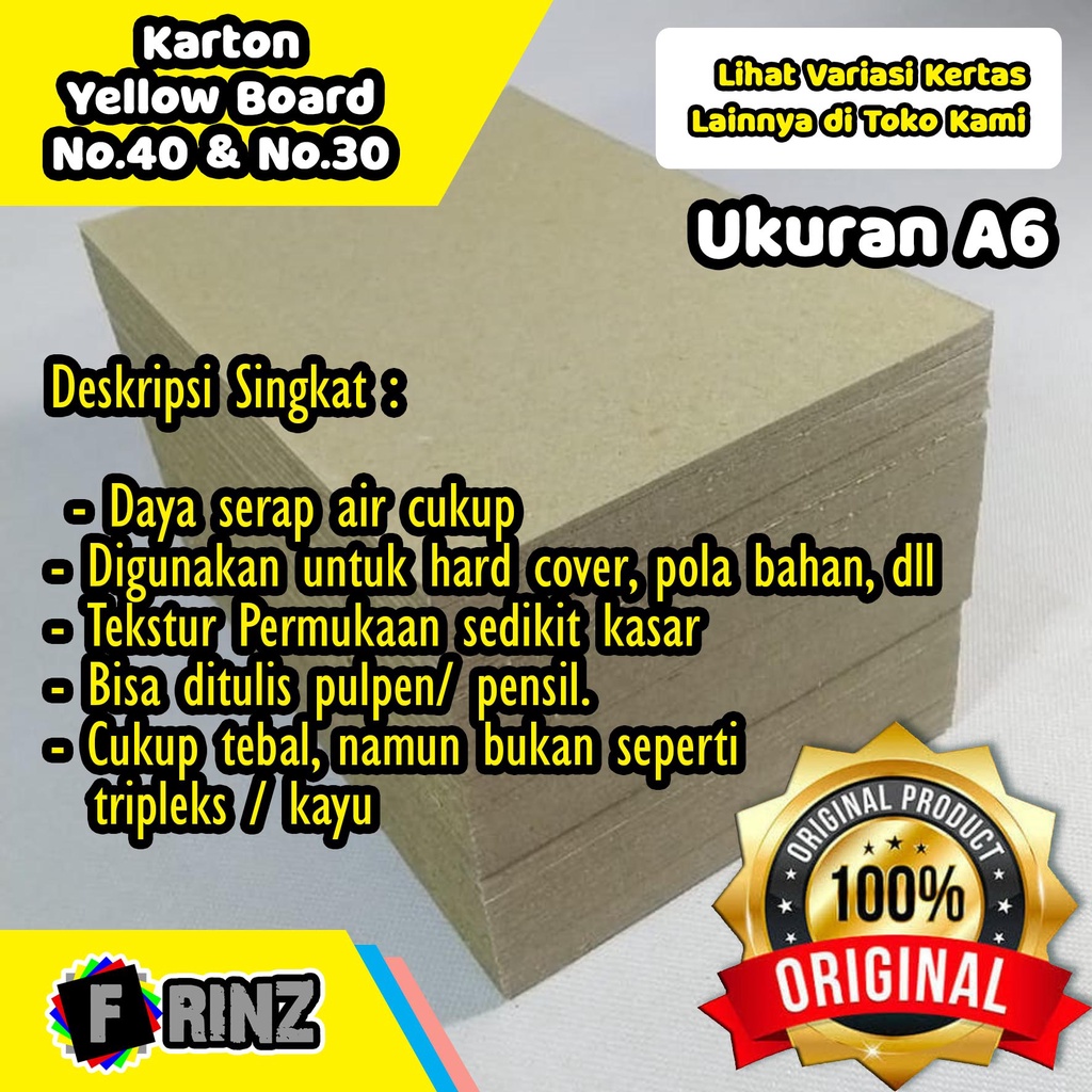 

Kertas Karton Kuning Bot No. 30 dan 40 Ukuran A6 / Carton Yellow Board / Hard Board Cover Packing No 30 & 40