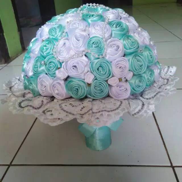 Promo buket bunga pernikahan, bunga pita satin/bunga tangan pengantin jumbo tosca putih