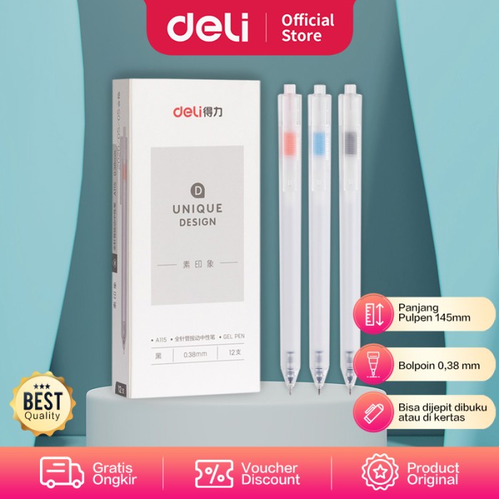 

CODE321 Deli Gel Pen / Pulpen Gel 0.38mm Tinta Hitam Isi 12pcs Retracable A115