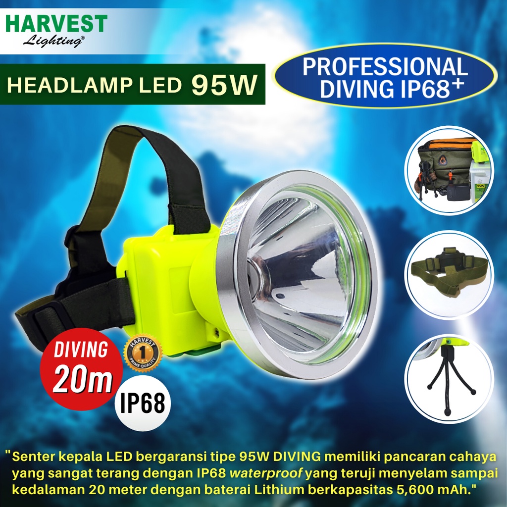 95W - PAKET ISI 6 - Headlamp HARVEST LIGHTINGSenter Kepala LED Professional DIVING IP68 5600 MAH Lampu Emergency Selam Spearfishing Travel Hunting Rechargeable  Original Bergaransi