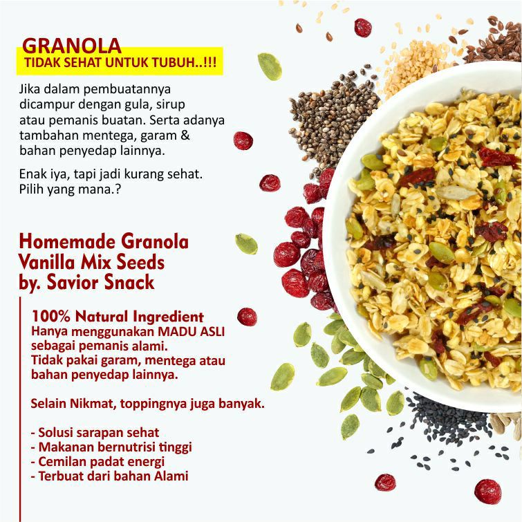 GRANOLA VANILA MIX SEEDS CRUNCHY - SEREAL MAKANAN SEHAT SARAPAN PRAKTIS BERGIZI TINGGI NUTRISI BAHAN ORGANIK ALAMI TANPA PENGAWET - HIGH QUALITY - SAVIOR SNACK - GRANOLA  SWEET HONEY 300g