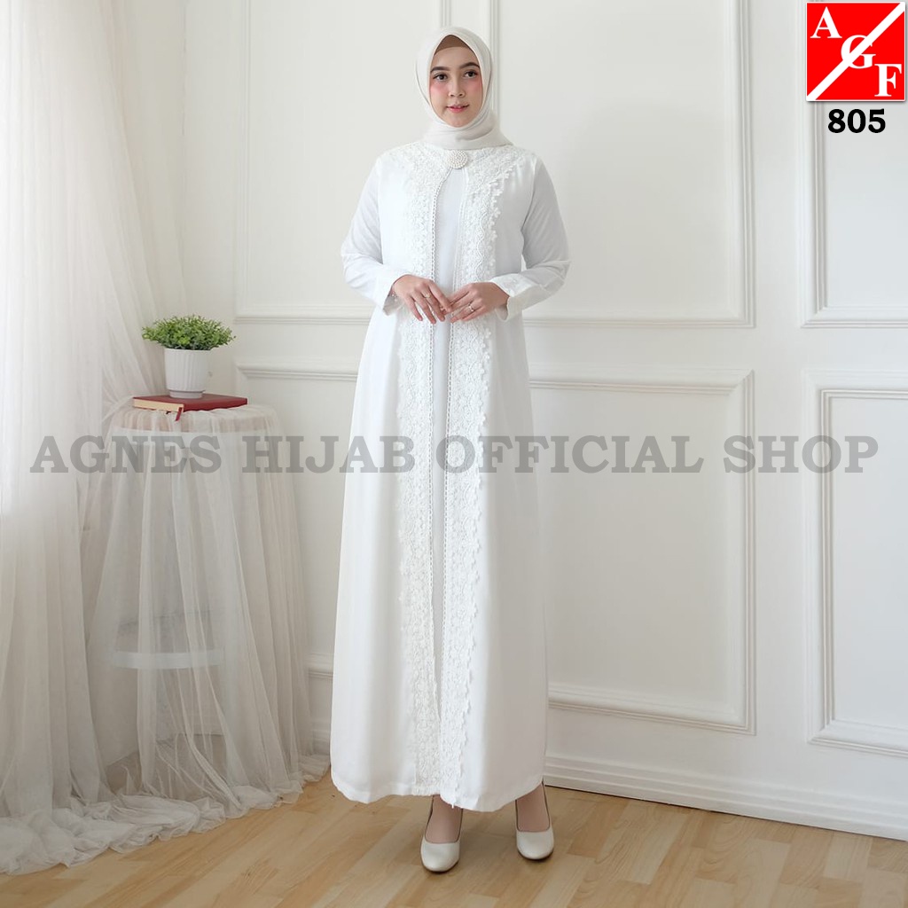 Agnes Baju Gamis Putih Wanita Brukat Baju Lebaran Umroh Haji Busana Muslim Wanita 805-4
