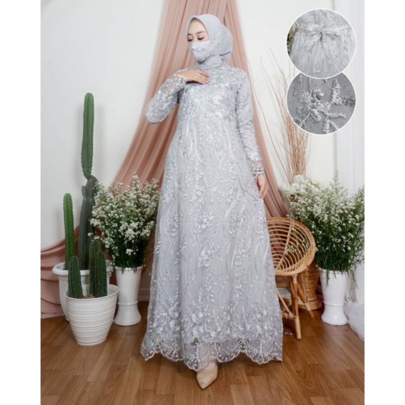 Gamis Busui Friendly Full Tulle Bordir Depan Belakang Re sleting depan - Kebaya lesty