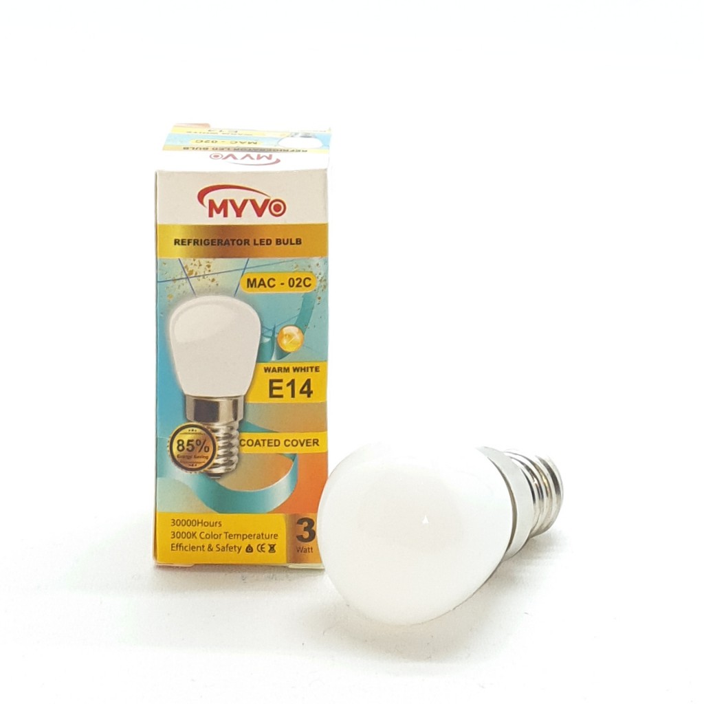 MAC-02C E14 Myvo Lampu Led Bohlam Kulkas E14 3W WW Kuning Dimensi T5,3cm x D2,5cm