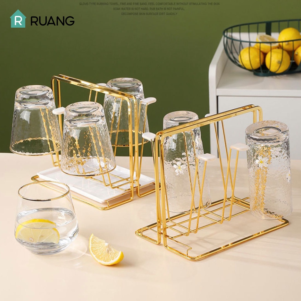 Gantung Rak Cangkir Stainless Steel Minimalis Rak Gelas 6 Cup holder Tiriskan Tempat Gelas Organizer Besi Anti Karat Rak Dapur Peniris Gelas Holder