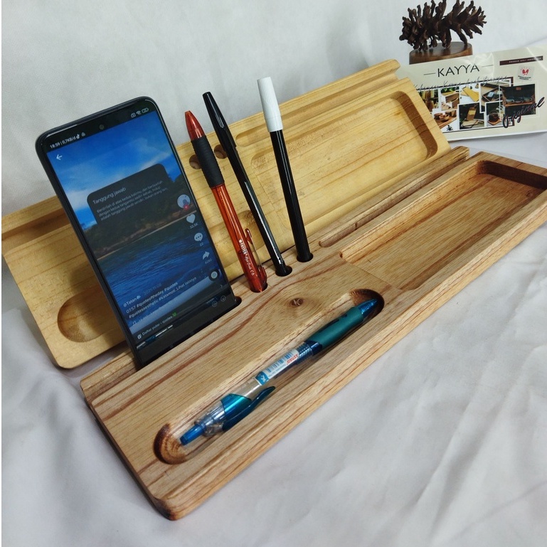 

KM77 KAYYA Desk Organizer Kayu Aesthetic 38x11x2cm / Mahoni Tempat Pensil Pulpen / Stand Holder Handphone
