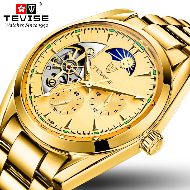Jam Tangan Swiss Tevise Produk Terlaris Fashion Watch Automatic Mechanical Baik Tahan Air Tali Baja 