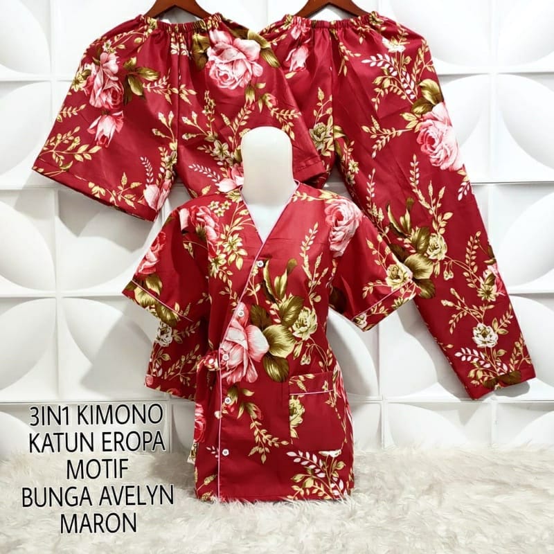 BAJU TIDUR WANITA / PIYAMA WANITA  3IN1 KIMONO TERMURAH MOTIF